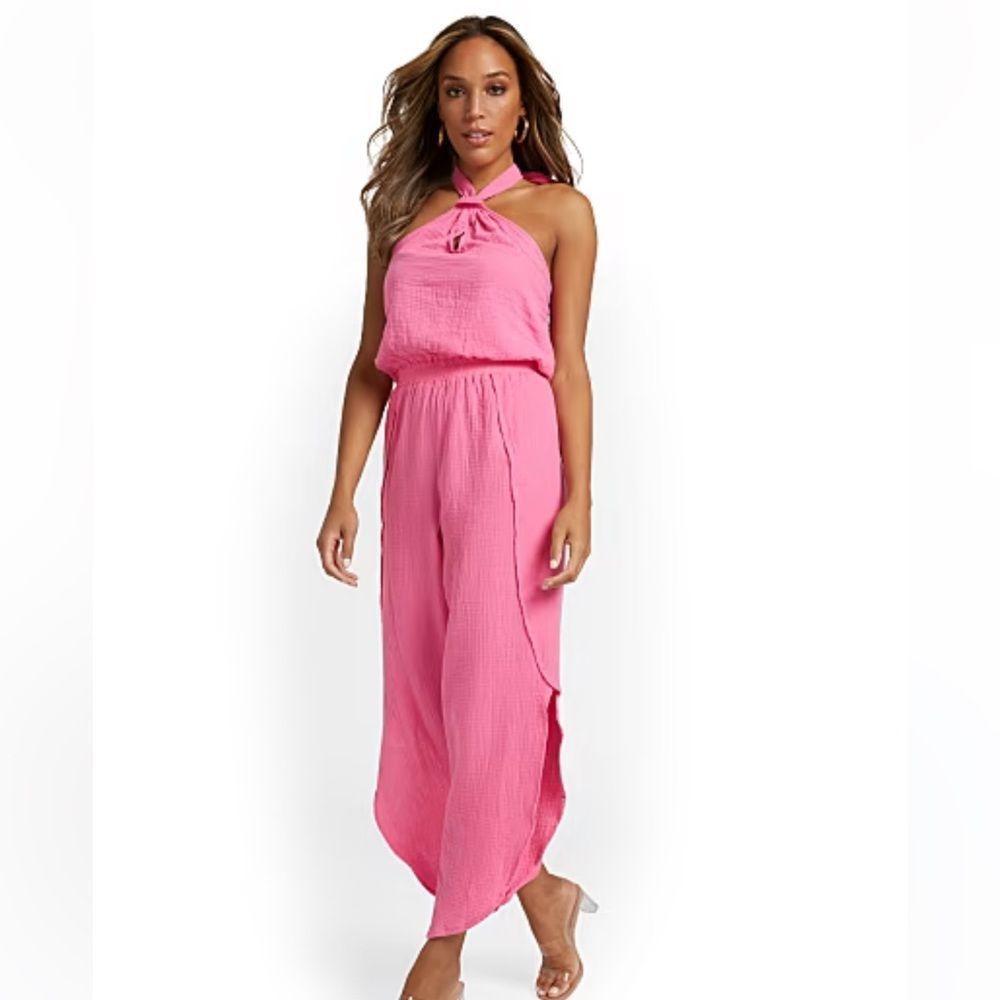 NWT ny&co pink cotton gauze muslin halter neck jumpsuit